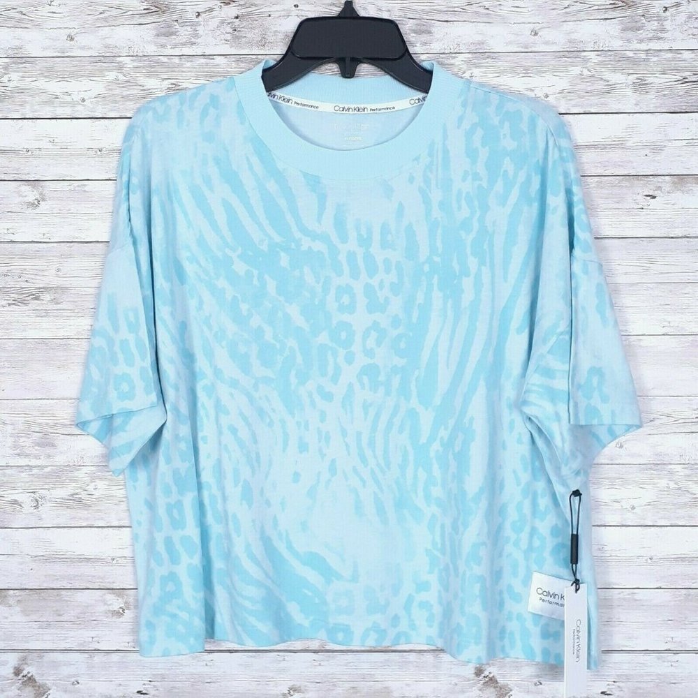Calvin Klein Performance Tee XL Cropped Top Blue Animal Print 10A - Picture 3 of 6